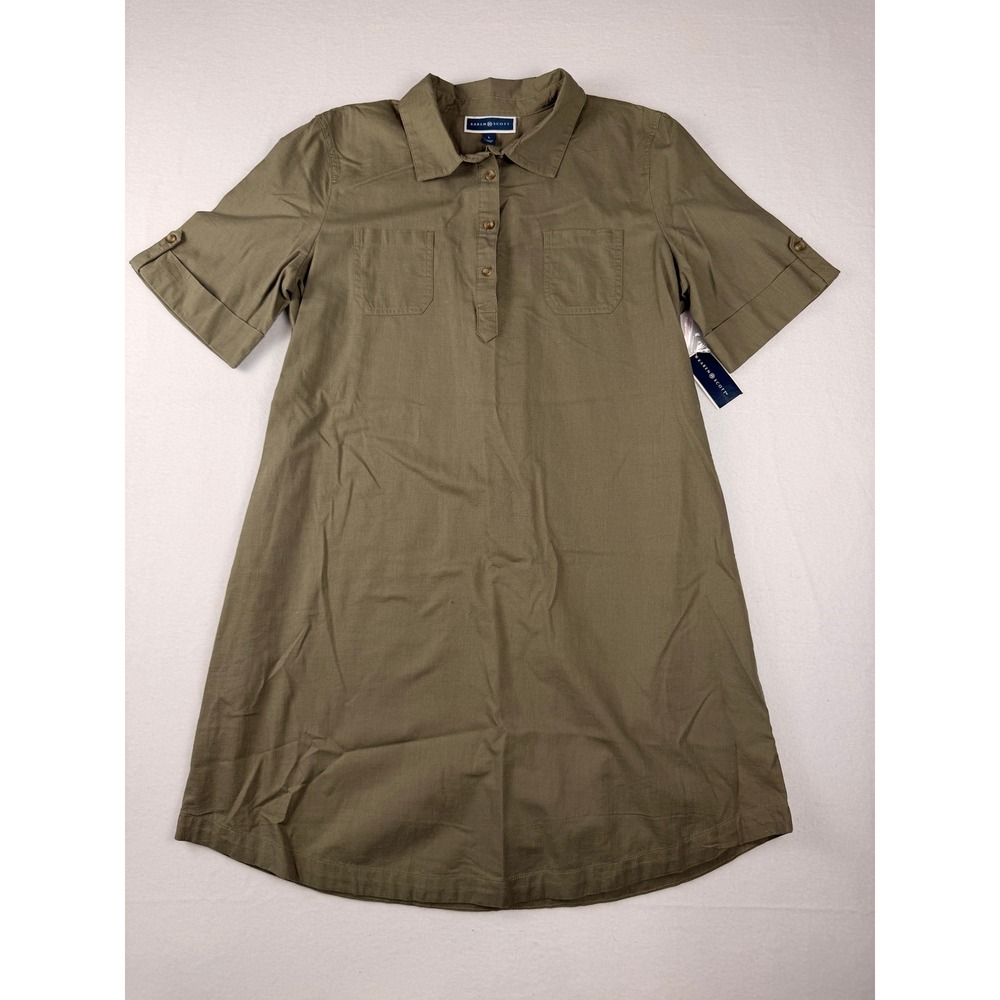Karen Scott Women Olive Green Woven Shirt Dress Short Sleeve Button Tab Large